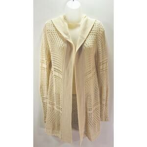 Vintage Y2K Crochet Roxy Boho Artsy Hooded Mid Length Cream Cardigan Size M
